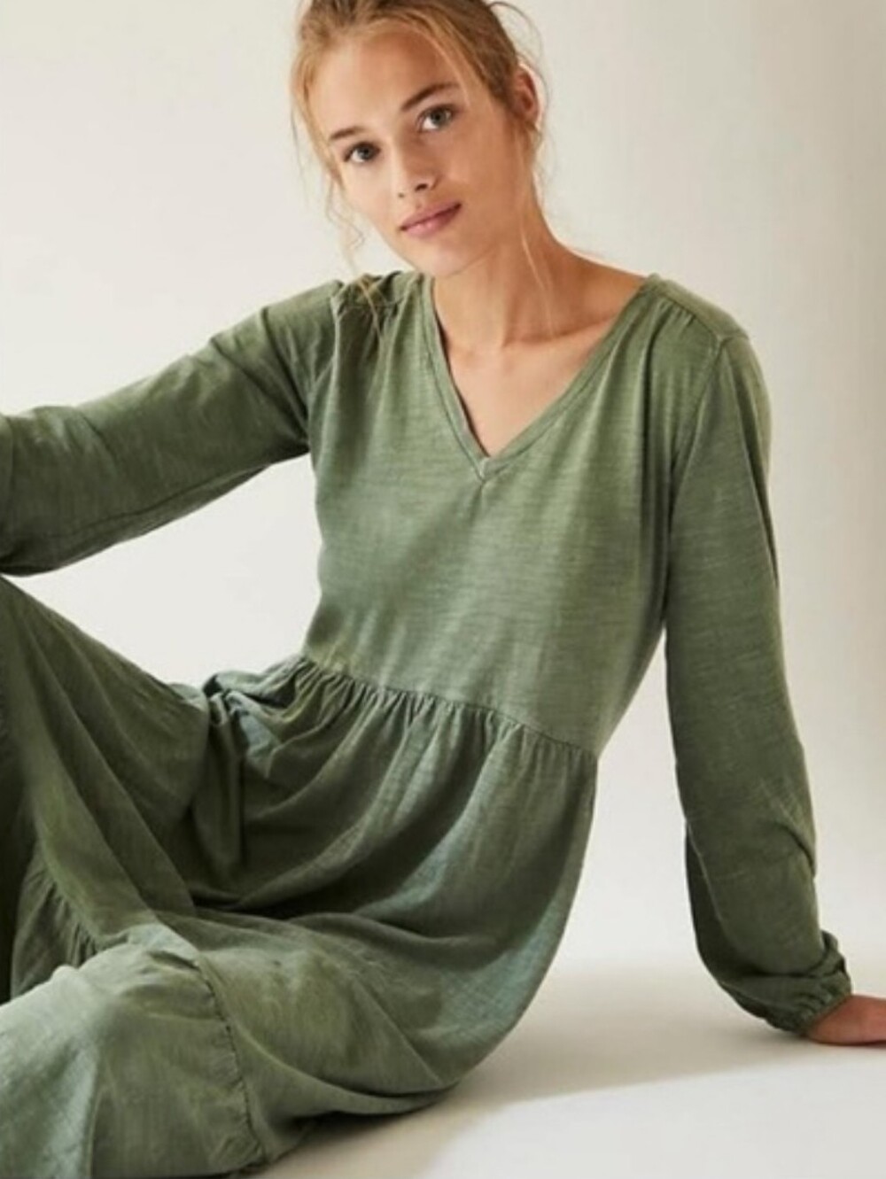 Anthropologie × Saturday Sunday Dress Mineral Wash Cotton Midi Sage Green SM